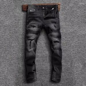 Herrenjeans High Street Fashion Männer Retro Schwarz Grau Stretch Slim Fit Zerrissene Stickerei Designer Patched Vintage Denim Hosen