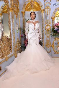 Luxurious Arabic Aso Ebi Mermaid Wedding Dress Lace Appliqued Beaded Bridal Gowns Long Sleeves Sheer Jewel Neck Sweep Train Vestido De Novia Custom Made