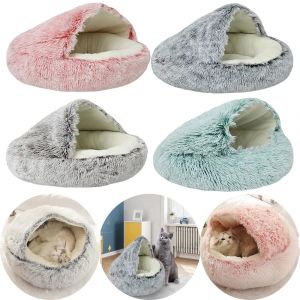 Mats Plush Pet Cat Bed Semi Enclosed Round Cat Cushion 2 In 1 Comfortable All Seasons Warm Basket Soft Fluffy Cushion Pet Supplies