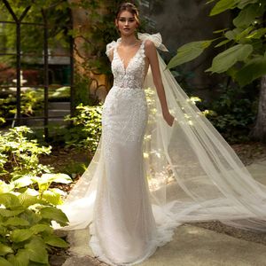 Abito da sposa a sirena con scollo a V profondo in pizzo lucido Alonlivn con perline Abiti da sposa a tromba senza maniche in pizzo con applicazioni 3D