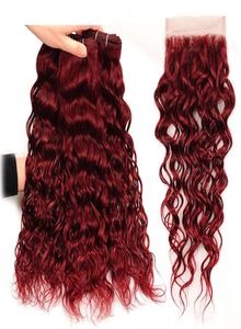 99J Borgonha Onda de Água Malaia Cabelo Humano 3 Pacotes Com Fechamento de Renda 4x4 4 Pcs Vinho Vermelho Mink Molhado e Ondulado Cabelo Virgem Weave2063785