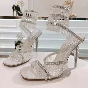 Rene Caovilla Chandelier Crystal-Embellished Sandals Leather Stileetto Heels Evening Shoes Women Heeled Luxury Designers Ankle Wraparound Shoes Factory Footwea