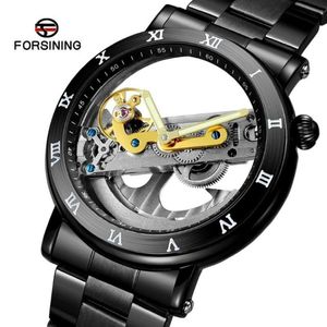 ForSining Men Skeleton Automatic Mechanical Watches Men Double Side Transparent rostfritt stål Klockor Lysande Clock306G
