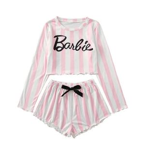 Women's casual cute home sleeping twinset long sleeve letter stripe print t-shirt and shorts suit MLXLXXL