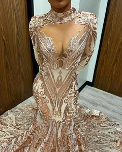 2024 Sexy Champagne Dresses High Neck Illusion Mermaid Long Sleeves Rose Gold Sequined Lace Sequins Evening Dress Prom Gowns Corset Train Zipper Back 328 328