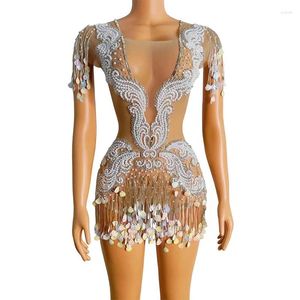 Stage Wear Nightclub Silver Sequins Fringes Pearls Crystals Evening Bodysuit See Through Birthday Party Celebrate Costume Outfit