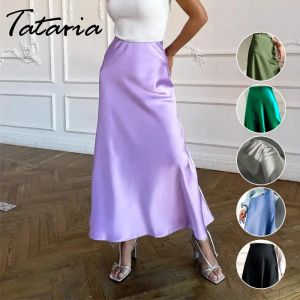 Skirt Women's Summer Silk Satin Skirts Green Highwaisted Long Mermaid Skirt Female Elegant Retro Solid Black A Line Midi Skirts 2023