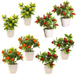 Decorative Flowers 2pcs Small Fruit Bonsai Fake Plant Artificial Red Pepper Kumquat Tree Plants In Pots Home Floral Decor Yard Garden