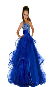 2016 Sheer Neck Frisado Organza Luxuoso Um Ombro Vestidos Da Menina de Flor Do Vintage Criança Pageant Vestidos Linda Flor Menina Dres4769605