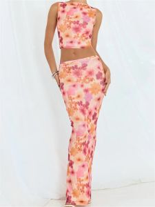 Suits Chronstyle Retro 2 Pieces Outfits For Women Sexig ärmlös Oneck Floral Print Tank Crop Tops Låg midja Långa kjolar 2023