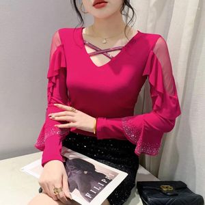 Women's T Shirts 2024 Spring V-ringen Långärmad t-shirts för kläder Fashion Casual Drilling Ruffles Mesh Tops