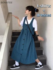 Suits Women 2 Pieces Sets Midi Sleeveless Dresses Simple Tshirts Button Up Kawaii Preppy Retro Teens Young Girlish Mujer Outfits Chic