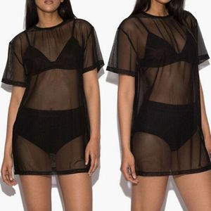 Women Mesh Bikini Cover Up Short Sleeve Transparent O-neck Swimsuit Cove-ups Summer Female Sexy Beach Dress Sarongs304Z