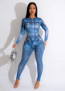 Damen Zweiteilige Hose 2024 Mode Temperament Abnehmen Sexy Bodybuilding Elastischer dreidimensionaler Denim-Druck Freizeit Zweiteiliges Set