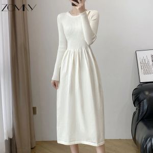 Vestido zomry estilo coreano outono inverno novo oco manga comprida camisola de malha vestido feminino fino elegante midi vestidos senhora do escritório robe