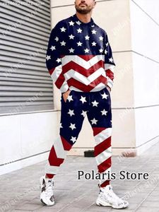 American Flag Tracksuit Men USA PANTS 2 قطعة زي طويلة الأكمام T Shirt مجموعة بنطلون سروال للتجول للركض بدلات كبيرة الحجم 240301