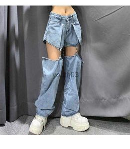 Dżinsy dżinsowe spółki nogi spodni hip-hopowy bawełniany retro łańcuch retro zdejmowany dżins 240304