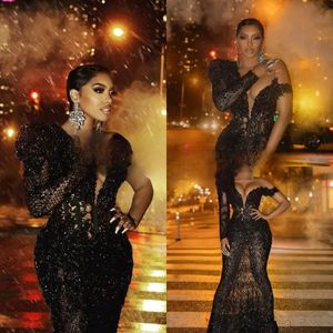 Black Mermaid Sparkly Prom Dresses Arabic African Lace Sequined Single Long Sleeve Women Plus Size Formal Evening Gowns