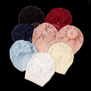 Berets Baby Girls Bows Turban Mesh Lace Hat Elastic Ear Warmer Headwraps Solid Color Winter India Beanies Cap Hair Accessories
