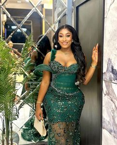 Luxury Beaded Evening Dress African Green Prom Dresses with Feather Straps Custom Shiny Sequined Lace Aso Ebi Formal Party Gown