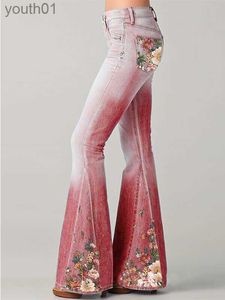 Jeans femininos primavera nova moda jeans gradiente flor impressão imitação denim bell bottoms mulheres cintura alta calças compridas plus size mulheres calças h0908 240304