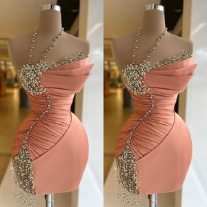 Fashion Halter Cocktail Prom Dresses Beaded Mini Short Evening Gowns Side Split Sleeveless Satin Custom Made Party Dresses