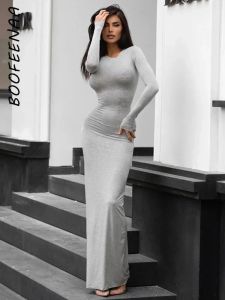 Klänning boofeenaa sexiga sjöjungfruklänningar för kvinnor faller vinterkläder elegant långärmad bodycon maxi klänning svart grå brun c85cz31