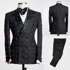 Black Beads Mens Wedding Tuxedos Ceremony Formal Groom Wear Party Birthday Pants Suits 2 Pieces costume homme mariage