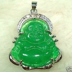 CHINESISCHE GRÜNE JADE SILBERNE BUDDHA-ANHÄNGER-HALSKETTE282w