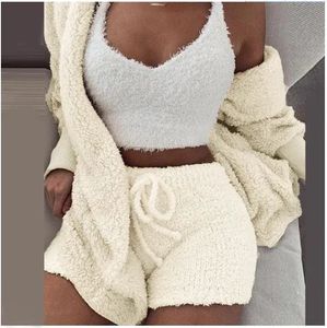 Kabarık Üç Parçalı Set Lounge Seksi 3 Parça Set Kadın Kazak Örgü Set Tank Üst ve Pantolon Günlük Homewear Kıyafetleri Ev Takım 240304