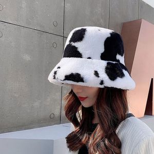 Ampla borda chapéus vaca impressão balde chapéu inverno falso pele de pelúcia para mulheres ao ar livre quente sol feminino senhora macio pescador panamá cap288e