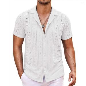 Camisas casuais masculinas estilo botão-para baixo camisa homens solto ajuste praia elegante oco para fora verão com colarinho turn-down curto para um