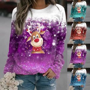 풀오버 동물 인쇄 스웨터 둥근 목 넥타이 탑 우아함 긴 소매 가을 겨울 여성의 일상적인 빈티지 풀오버 크리스마스 Tshirt
