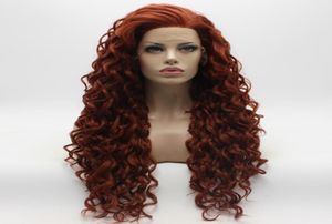 Iwona cabelo encaracolado longo borgonha peruca 18350 meia mão amarrada resistente ao calor peruca dianteira do laço sintético9607311