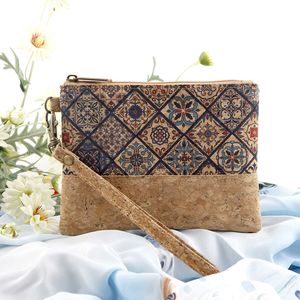 5pcs Münzversand Frauen Retro Cork Leder Fisch National Druck Patchwork Platte Square Short Storage Bag mit Handgelenk