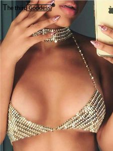 Camis sexig metall halter rhinestone sommarkorsett skörd topp kvinnor glänsande strand klubb party y2k tank topp rave outfit bustier kvinnors toppar