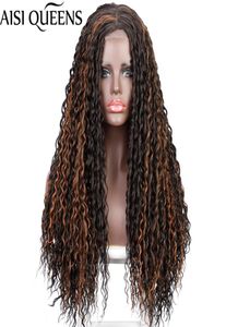 Syntetiska peruker Aisi Queens Long Curly Wig For Women Black blandad brun mittdel hårfäste Högtemperatur Fiber9239132