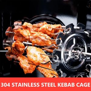 Spett rostfritt stål BBQ Kebab Cage Rotisserie Skewer Forks Spit kol kycklinggrill för roaster ugn camping matlagningsverktyg het