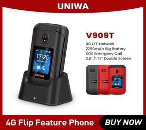 Låst upp UNIWA V909T 4G Flip Phone FM Radio Stor tangentbord Clamshell Mobiltelefon Big Push -Button Dual Screen Mobile för Old PE3207168