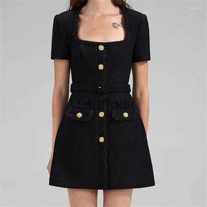 Basic Casual Dresses Casual Dresses Spring In Square Neck Tweed Waist Short Skirt Elegant For Women Korean FashionThe Sleeved Top 240304