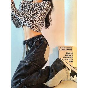 Europeiska och gata byxor designkänsla kvinnlig nisch krydd flicka amerikanska overaller löst mopping höga midja jeans
