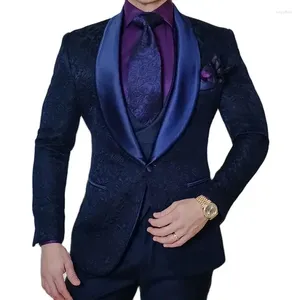 Mäns kostymer Floral Jacquard Men Slim Fit 3 -del Navy Blue Groom Tuxedo For Wedding Party Man Fashion Jacket Waistcoat Pants 2024