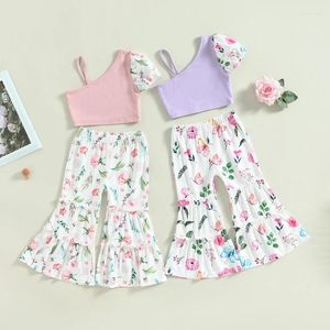 Conjuntos de roupas 1-6y moda crianças bebê meninas roupas conjunto manga curta retalhos colete com flor impressão flare calças 2pcs roupa de verão