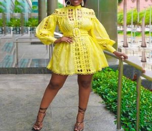 Casual Dresses African Women Fashion Africa Yellow Lace Lantern Sleeve A Line Mini Elegant Evening Night Club Wear Dress No Belt8068758