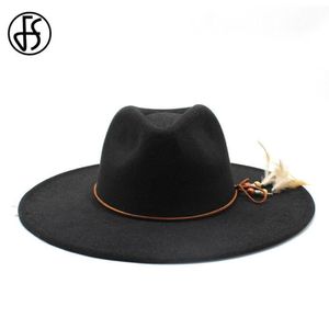 Cappelli a tesa larga FS stile britannico inverno 9 5CM cappello solido grande lana nera cappelli stile Fedora uomo donna Panama Jazz Sombreros De Hombre218c