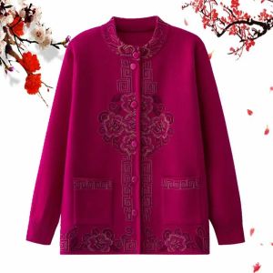Cardigans Old lady Clothing Chinese Knit Cardigan Sweater Jacket 2021 Autumn Grandma Slim Longsleeve Pocket Knitting Sweater Coat Tops
