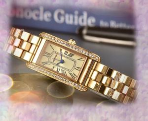 Iced Out Square Roman Tank Skeleton Dial Watch Hip Hop Full Stainless Steel Band Women Quartz Movement Clock Business Diamonds Ring gold silver color Wristwatches