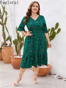 Dresses Plus Size Summer Hig Waist Print Cotton Women Dress 2023 New Ruffle Casual Loose Ladies Womens Dresses Green Midi Woman Dress