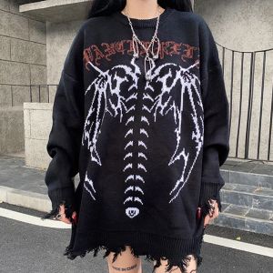Pullover Y2k Skeleton Print Goth Punk Pullover Frauen Kleidung Harajuku Übergroßen Tops 2022 Herbst Mode Retro Grunge Pullover Streetwear