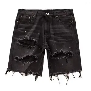 Men's Jeans Men Denim Shorts Summer Distressed Stylish Button Multi Pockets Ripped Holes Knee Length Slim Fit